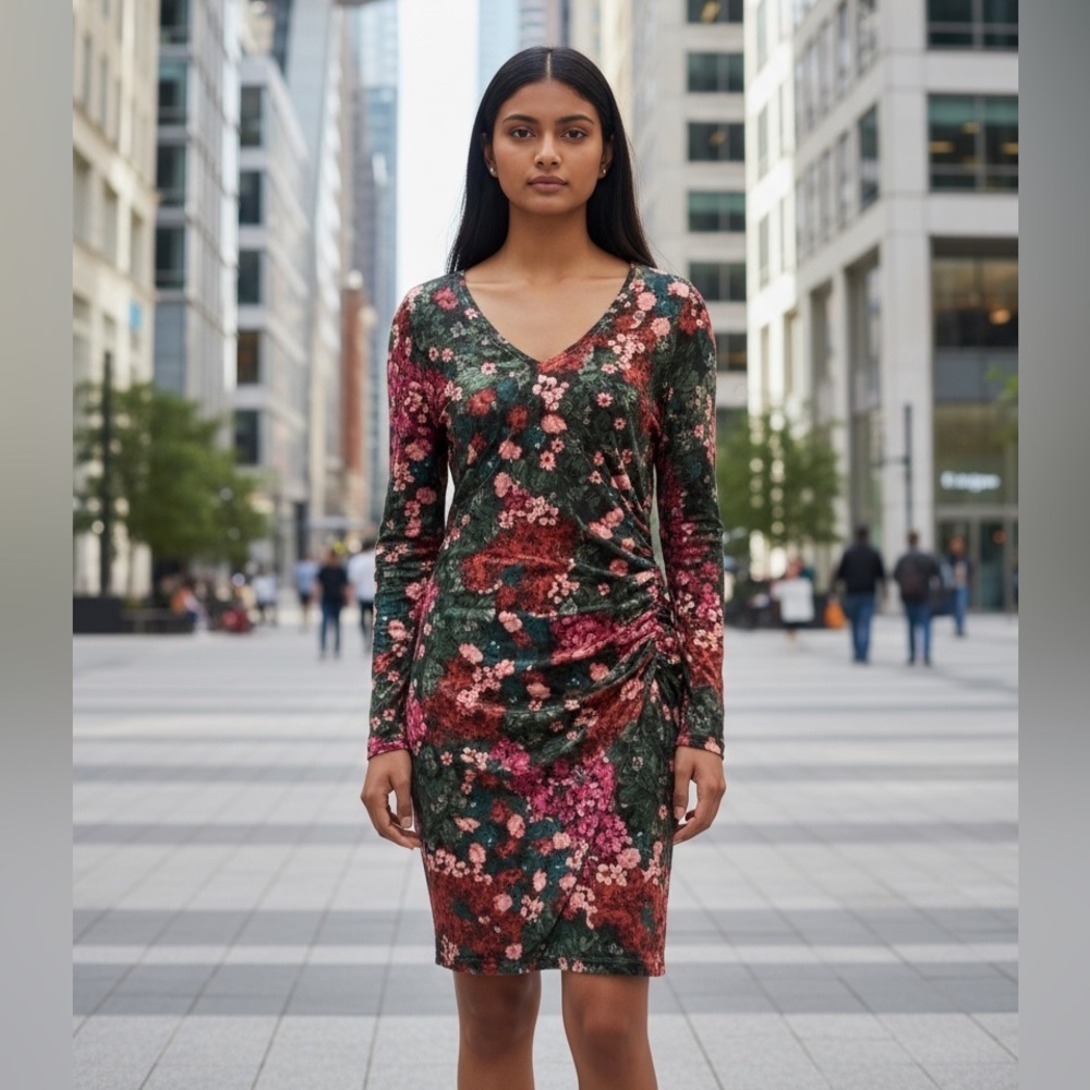 Tristan, Floral Pattern Ultra-Soft Dress, Medium, Pink, Green, Red 🌸